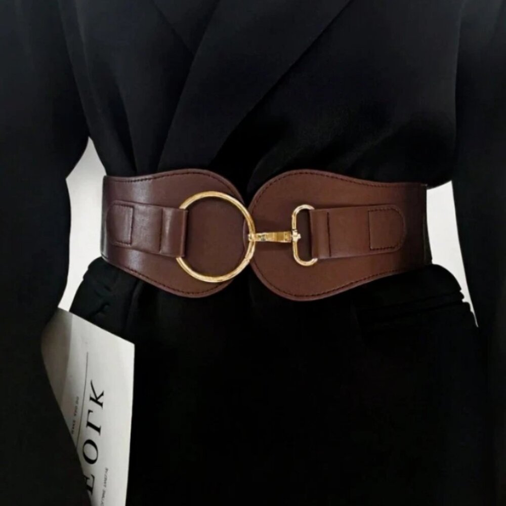 Womens Hook & Loop Elastic Faux Leather Belt Brown New